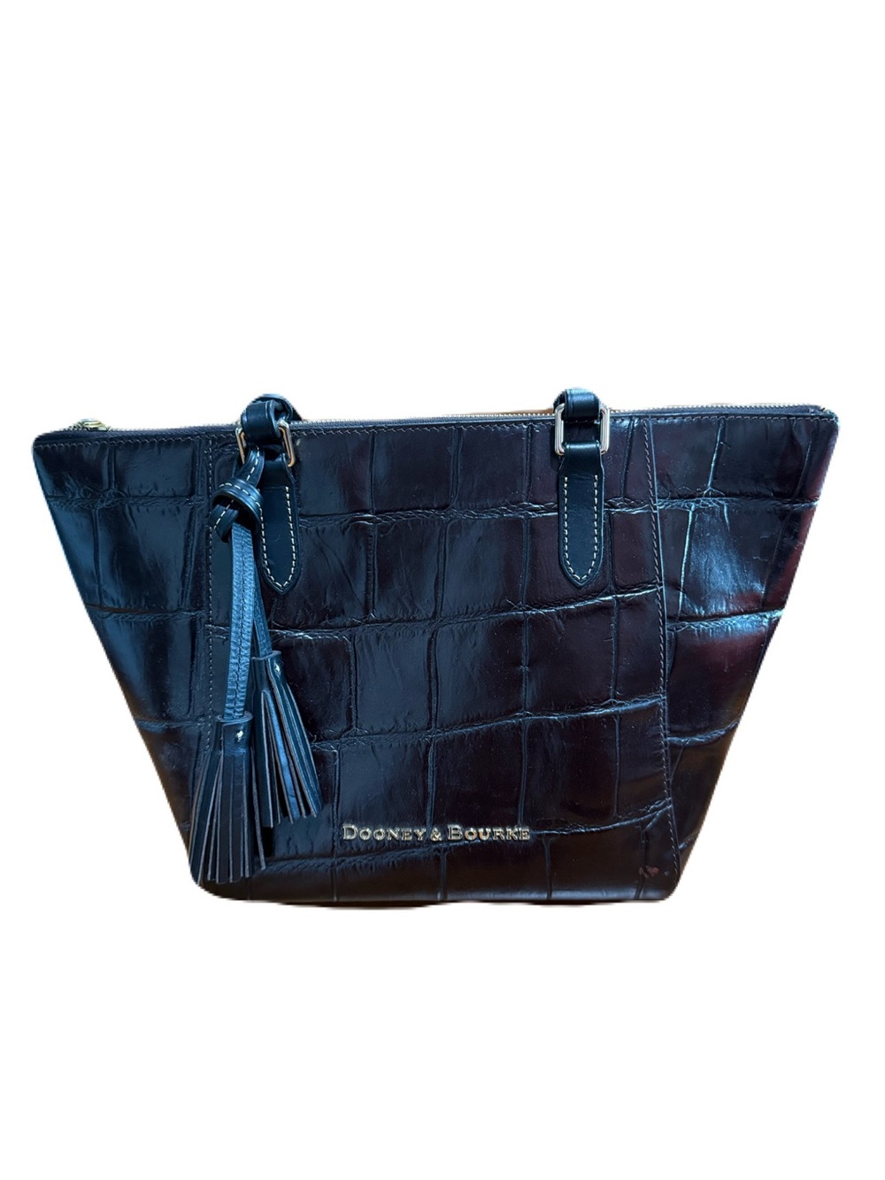 Dooney & Bourke Black Croc-Embossed Leather Tote with Tassel Accent